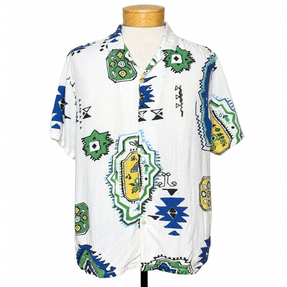 Denim & Flower Ricky Singh Aztec Camp Shirt White XL Short Sleeve Button Up